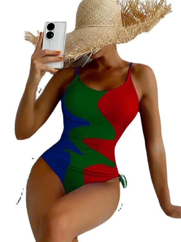 Women's blue one-piece sleeveless swimsuit with fixed swimming trunks on a mannequin.