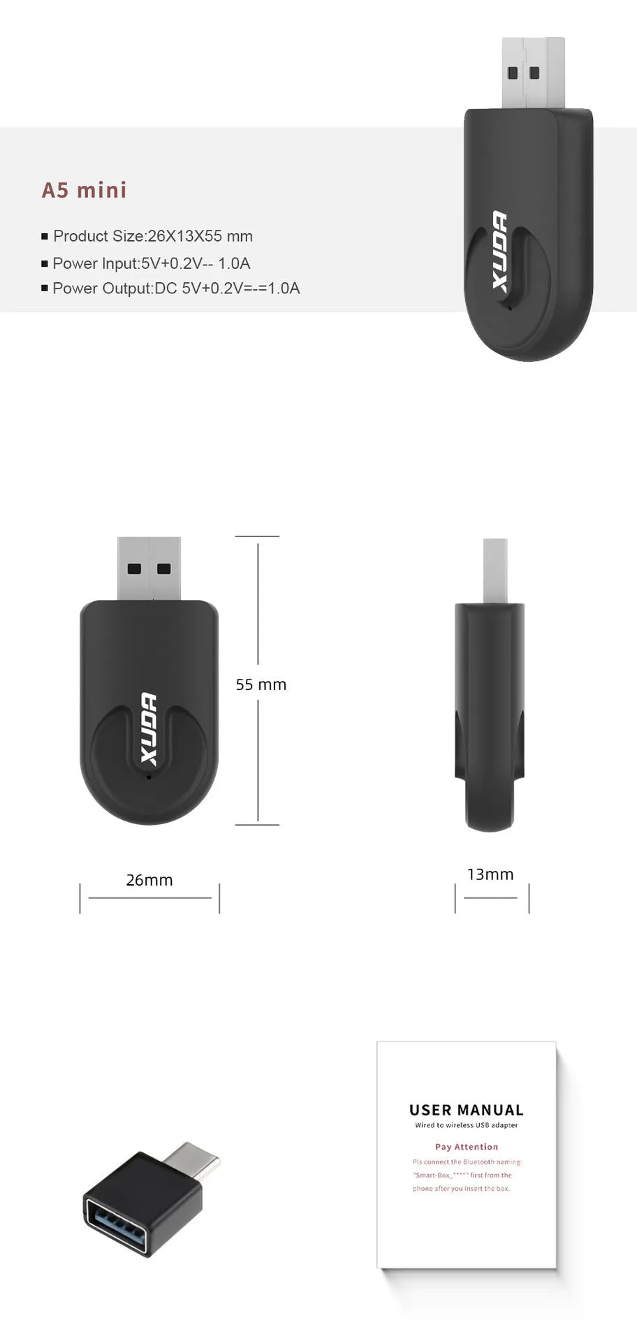 Black mini CarPlay USB interface adapter measuring 26mm × 55mm × 13mm