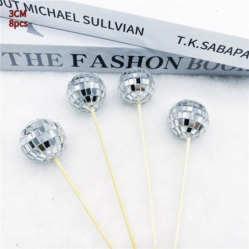 Glass disco ball cake decoration with wooden stick in various sizes for birthday cakes