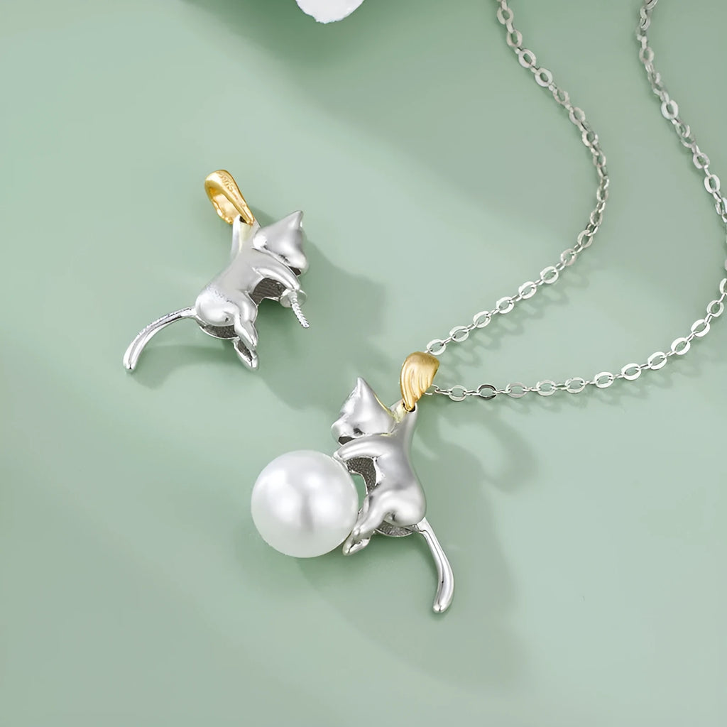925 sterling silver clavicle necklace with cat charm pendant and pearl bead accents