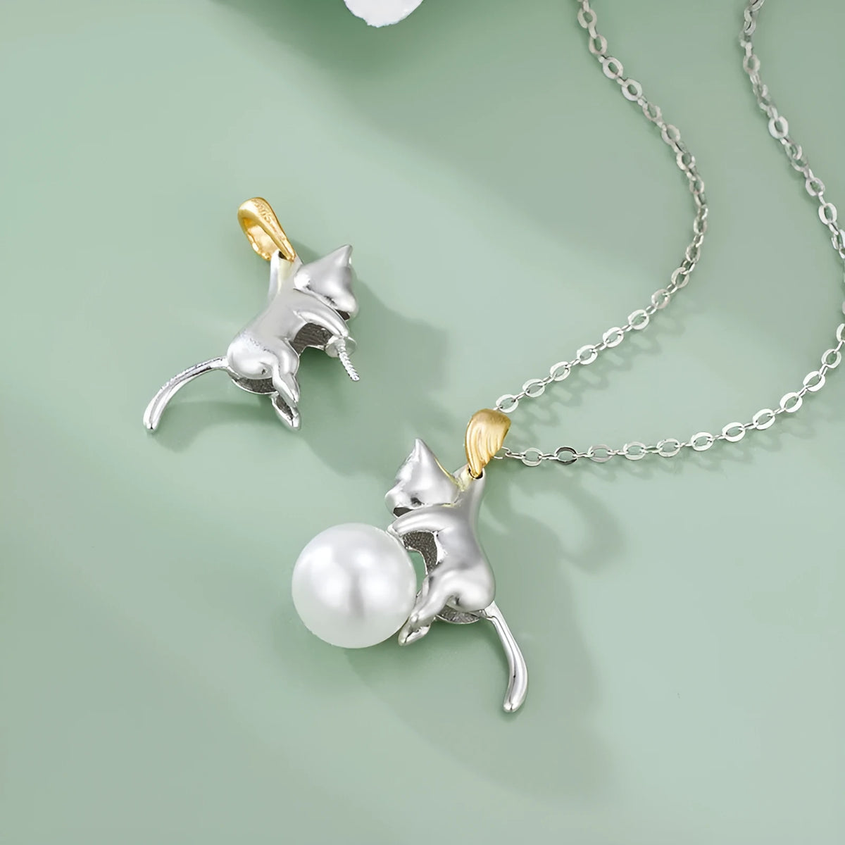925 sterling silver clavicle necklace with cat charm pendant and pearl bead accents