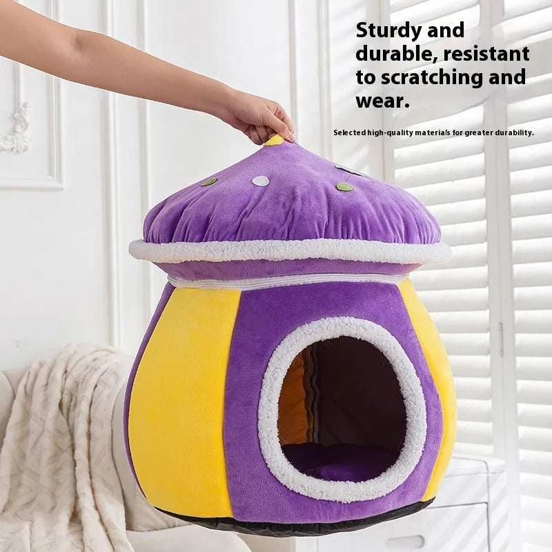 Grey mushroom-shaped cat nest bed with plush lining and a detachable blanket