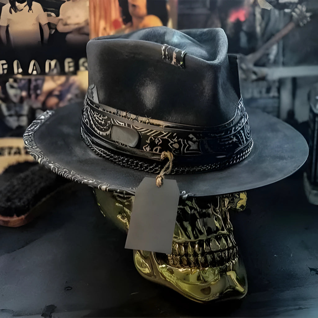 Handmade wool felt skull hat with conical crown design in denim-style finish
