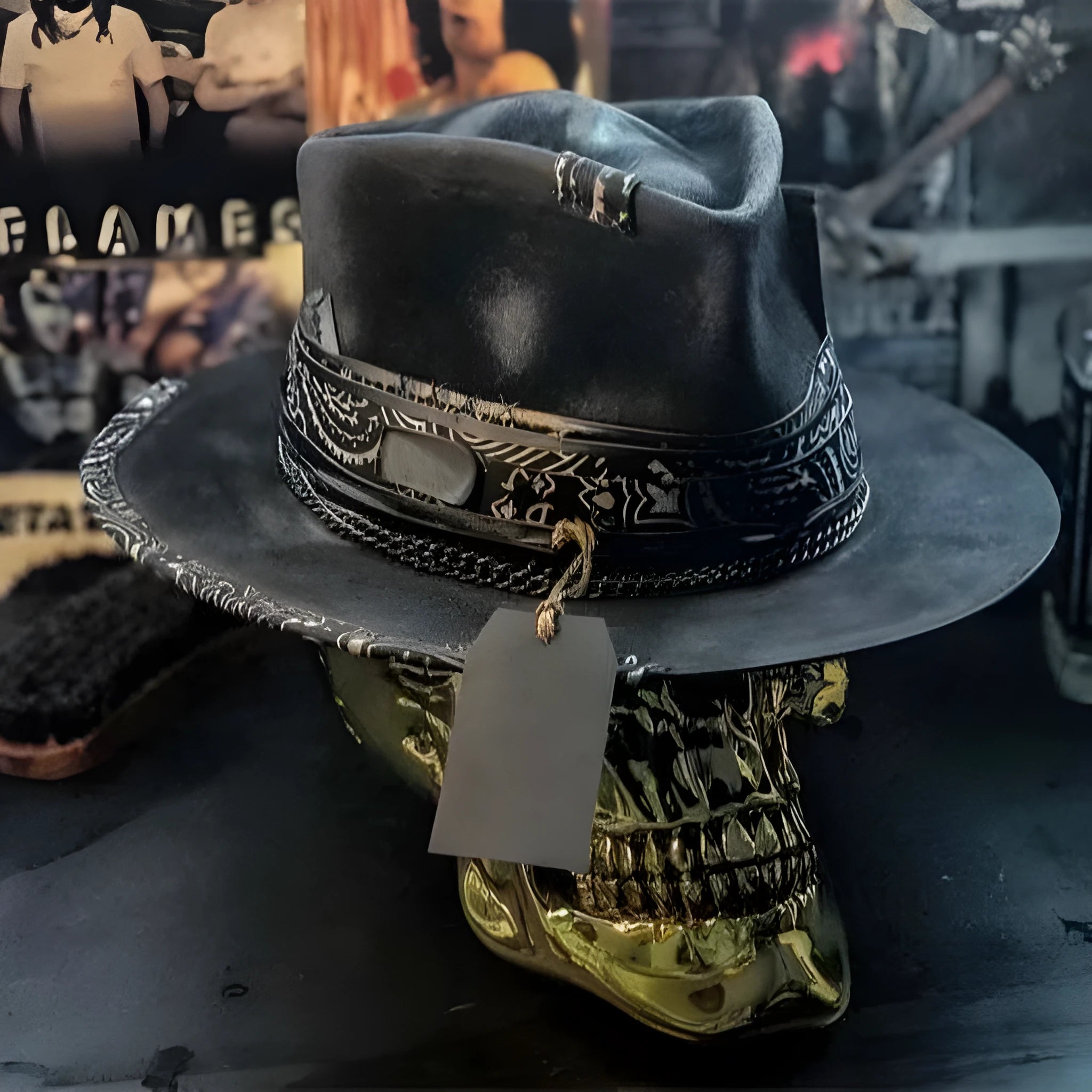 Handmade wool felt skull hat with conical crown design in denim-style finish