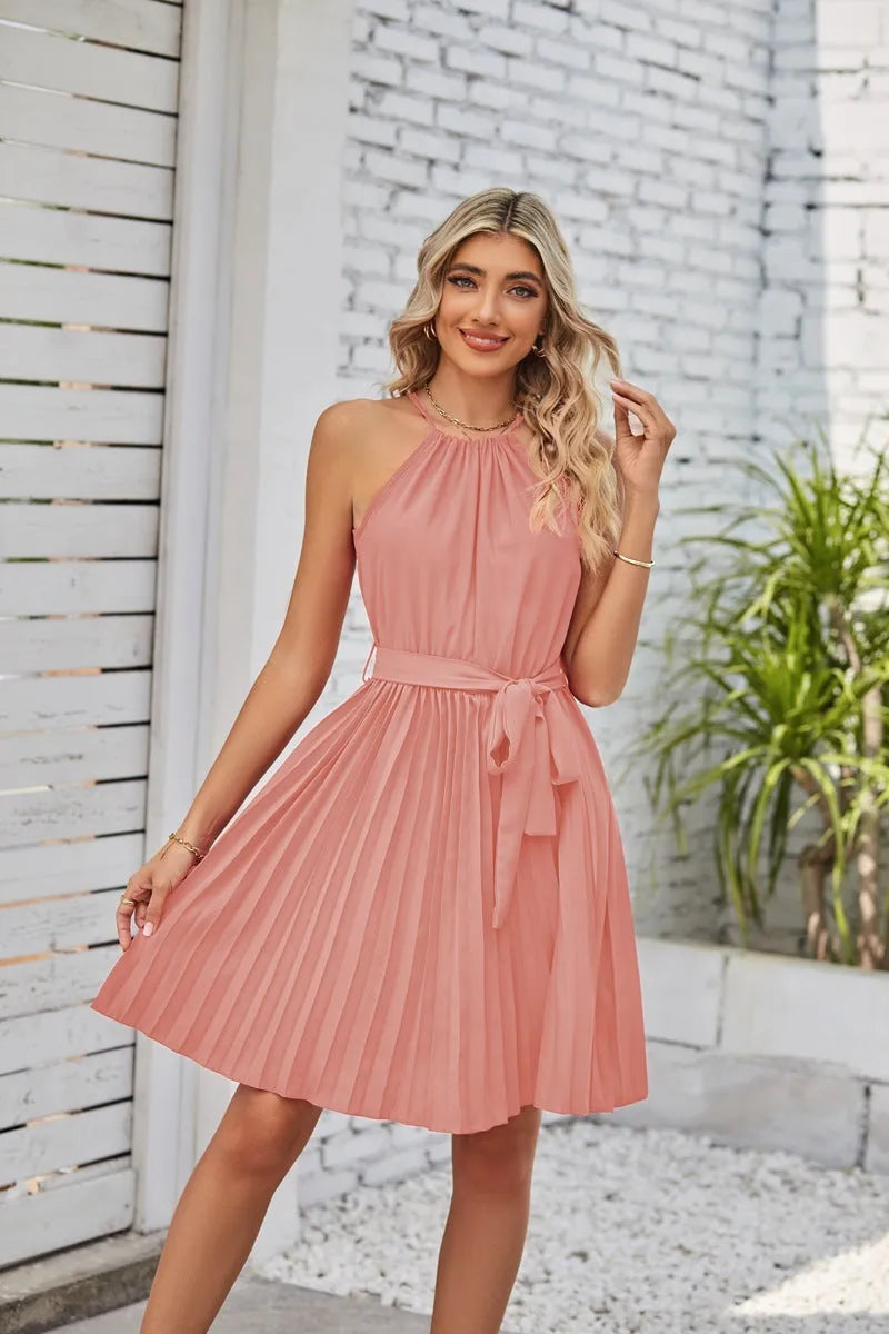 Women's halter strapless chiffon dress with pleated skirt and adjustable waist tie in multiple colour options
