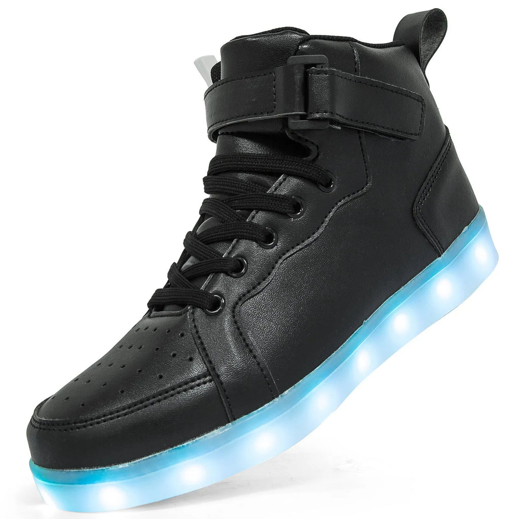 Pair of LED high-top board shoes with lights on, showing Velcro fastening and rubber sole.