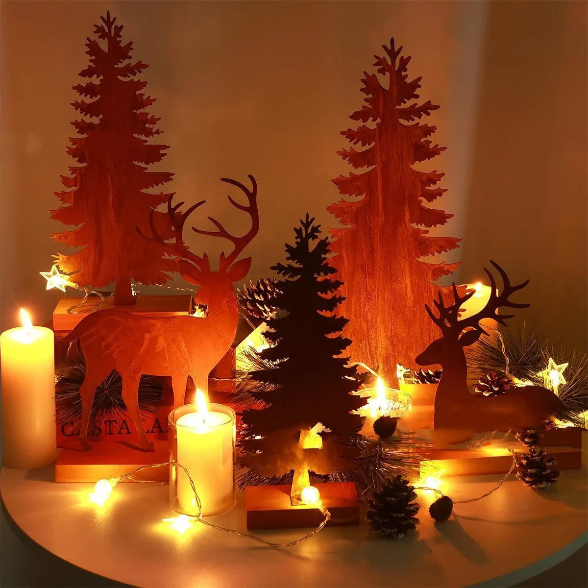 Set of three metal rusty Christmas tree elk decorations with American style iron finish