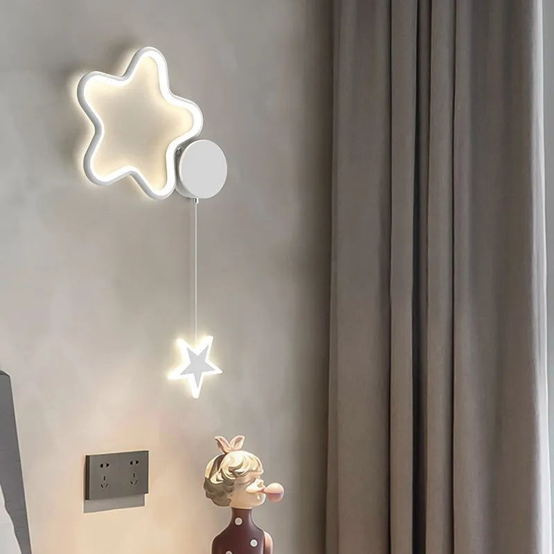 Five-pointed star bedside wall lamp for children's room in celestial cloud, moon, and star designs