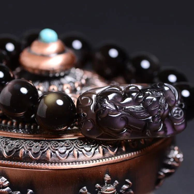 Natural Icy Obsidian crystal Pi Xiu bracelet with geometric beads in ethnic style