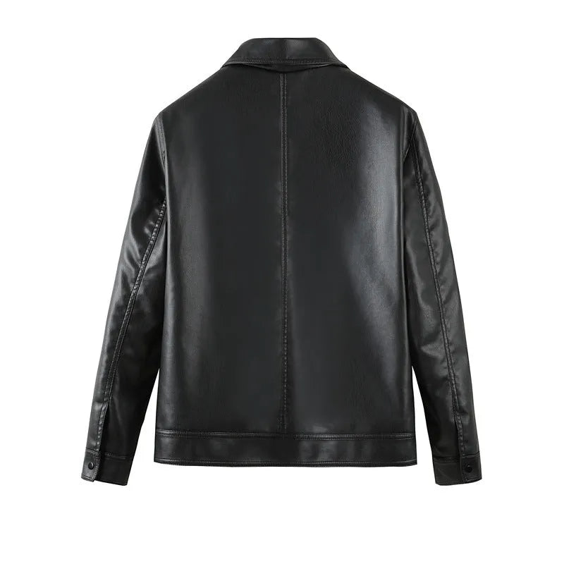 Black men's PU leather jacket with loose fit, zipper pockets, and windproof design for casual leisure wear