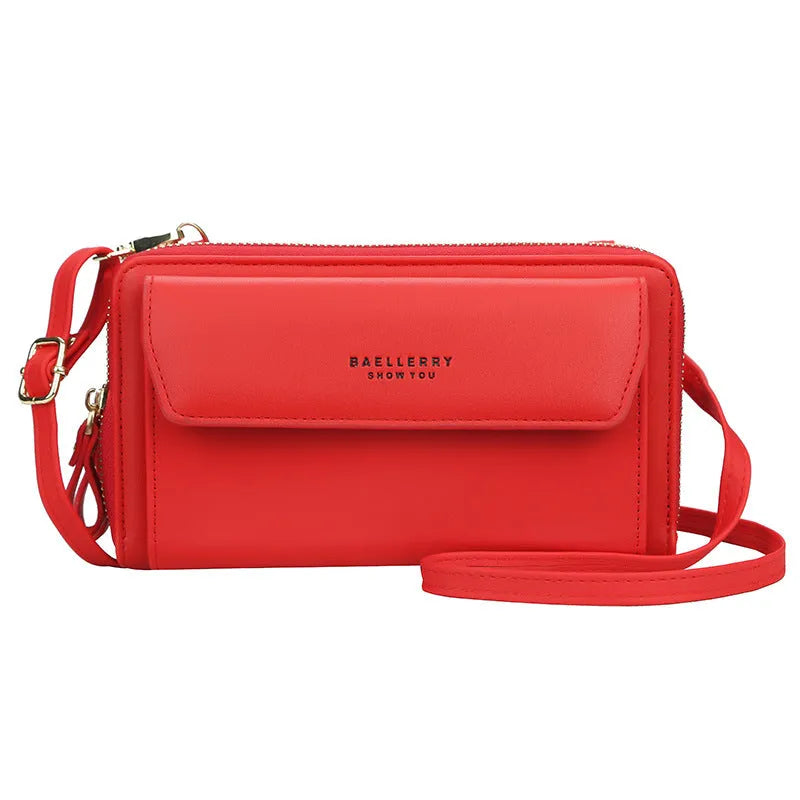 Soft PU leather ladies long wallet with double zip, shown in one of six colours, featuring a horizontal square shape.