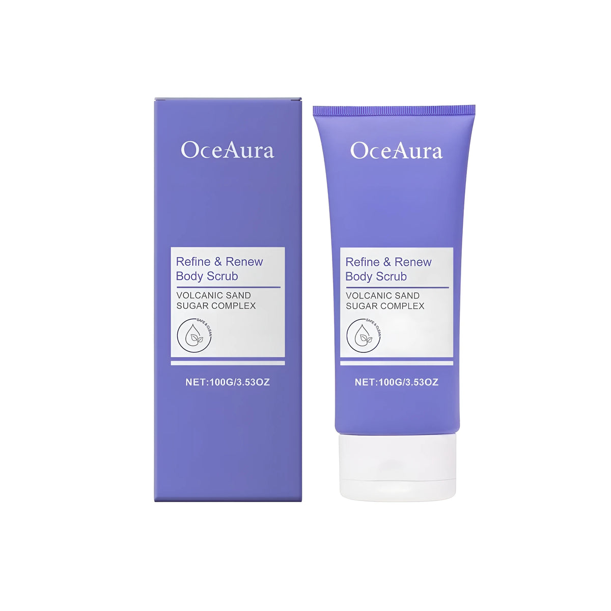 White jar of 100g body scrub cream with walnut shell and volcanic ash exfoliants