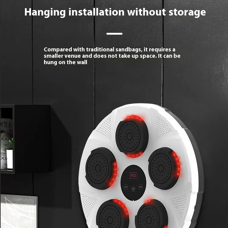 Smart wall-mounted boxing trainer with LED lights on ABS plastic housing, showing mounted position and striking target area.