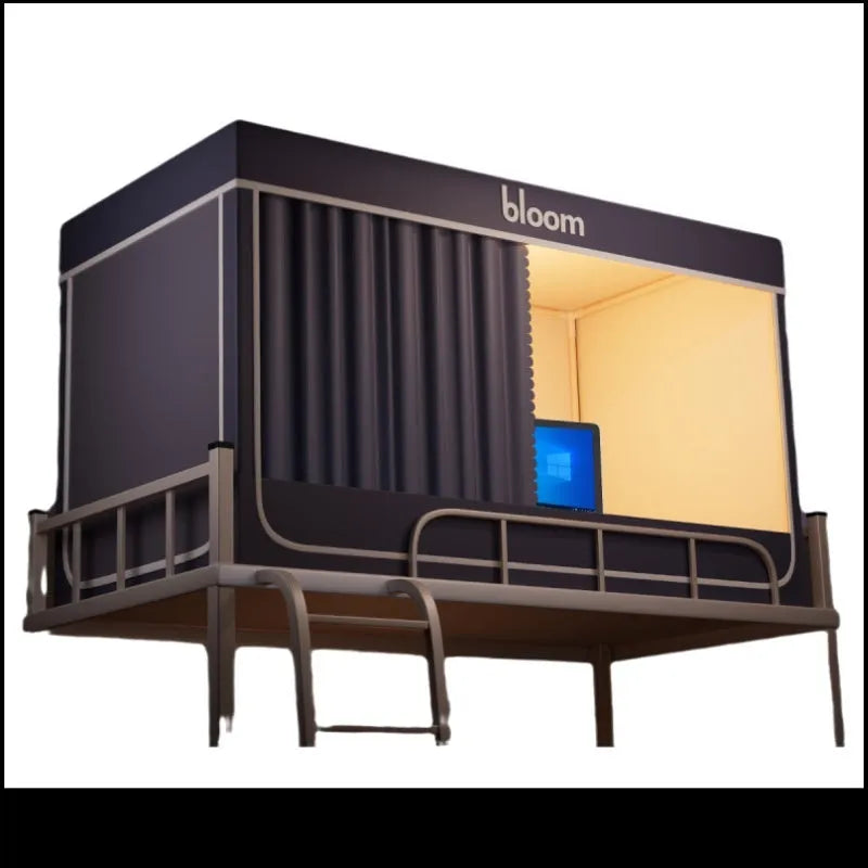 Grey integrated mosquito net and bed curtain set for 0.9m beds with five-sided shading design