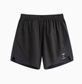 Men's black four-point stretch running shorts with laser-stitched seams on a grey background.