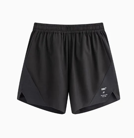 Men's black four-point stretch running shorts with laser-stitched seams on a grey background.