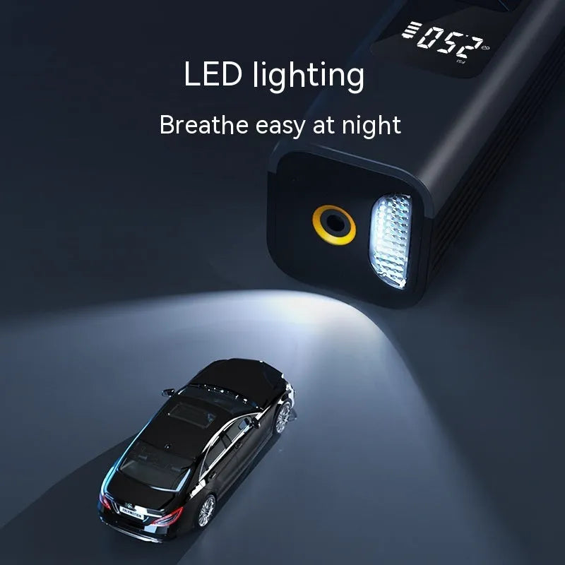 Wireless 4-in-1 car air compressor pump with digital display and LED light for tyre inflation and vacuum cleaning