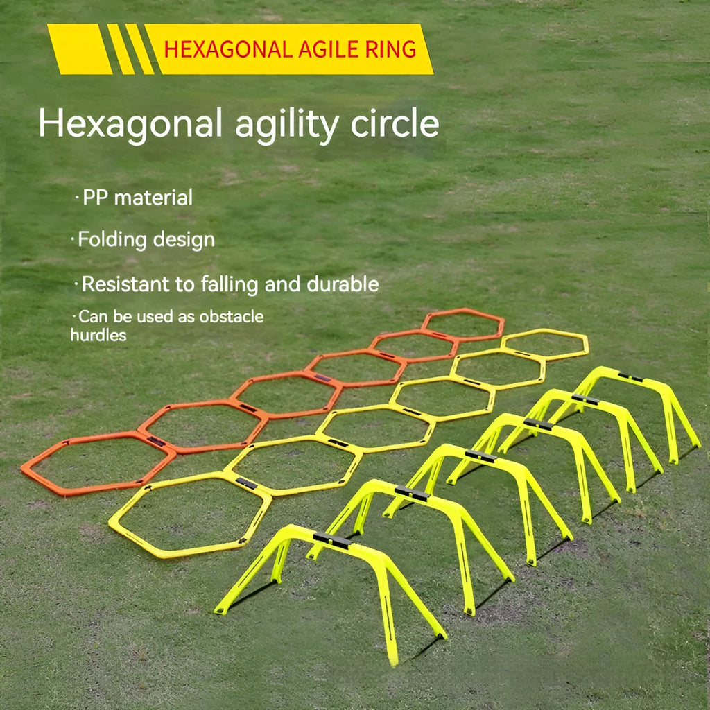 Set of six foldable hexagon football agility training rings in green, orange and yellow PP plastic