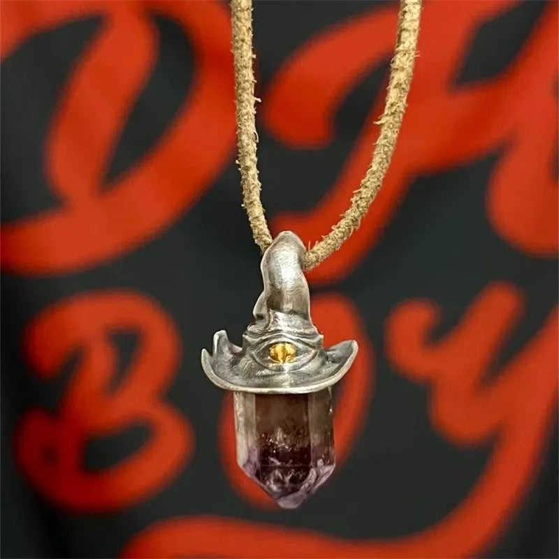 Retro hexagonal witch hat crystal pendant necklace with cowhide rope or black rope and keychain option