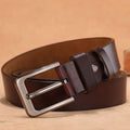 Square head pin buckle casual belt in black or brown with alloy closure and adjustable length