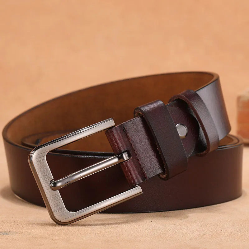 Square head pin buckle casual belt in black or brown with alloy closure and adjustable length