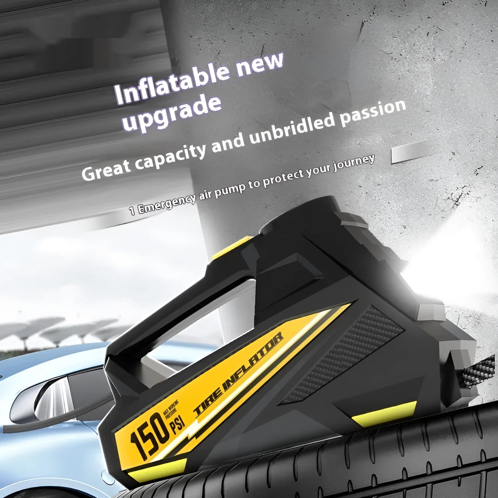 Black portable 12V car tyre inflator with digital display and LED light on hose.