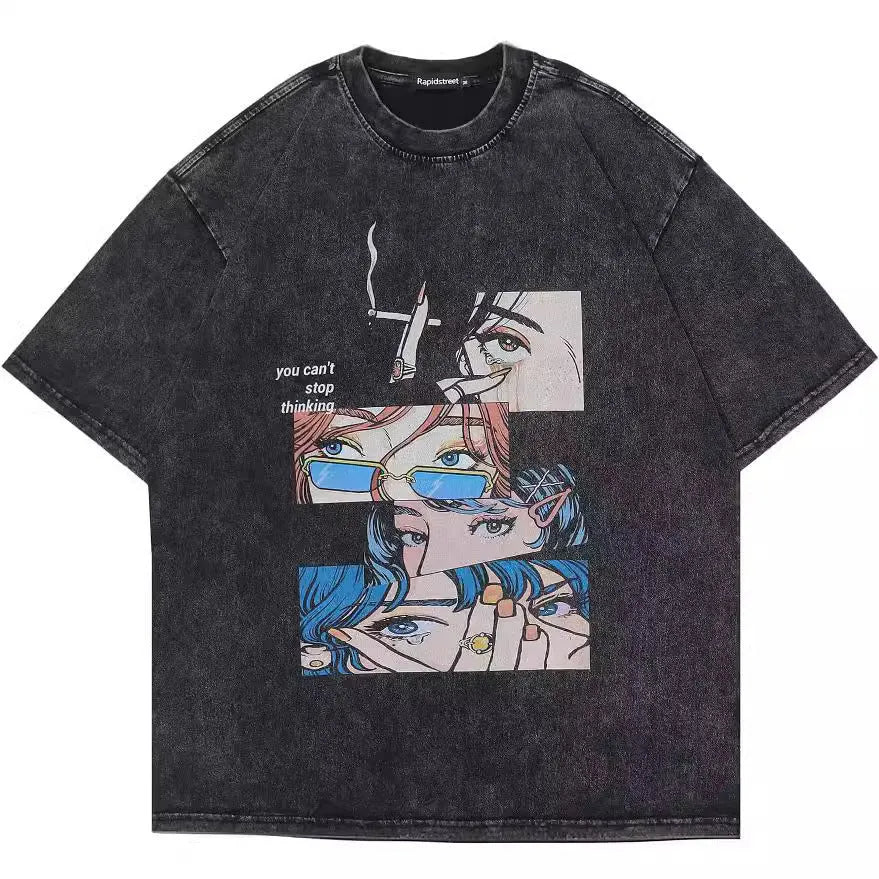 Men's loose black t-shirt with retro cartoon digital print and short sleeves