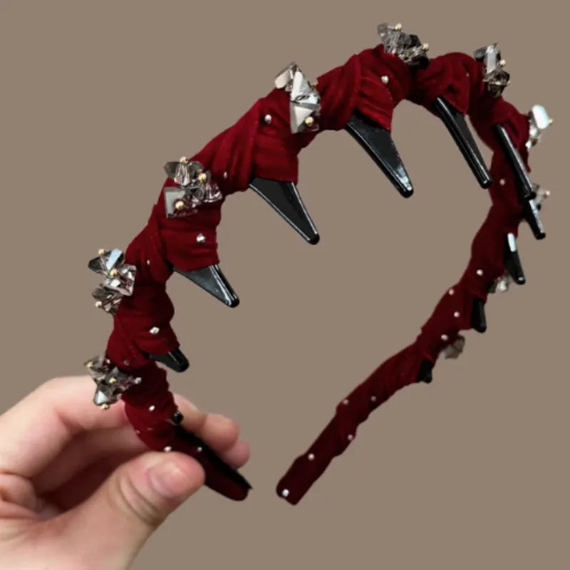 Non-slip velvet hairband with crystal wave design in wine red colour holding hair away from face