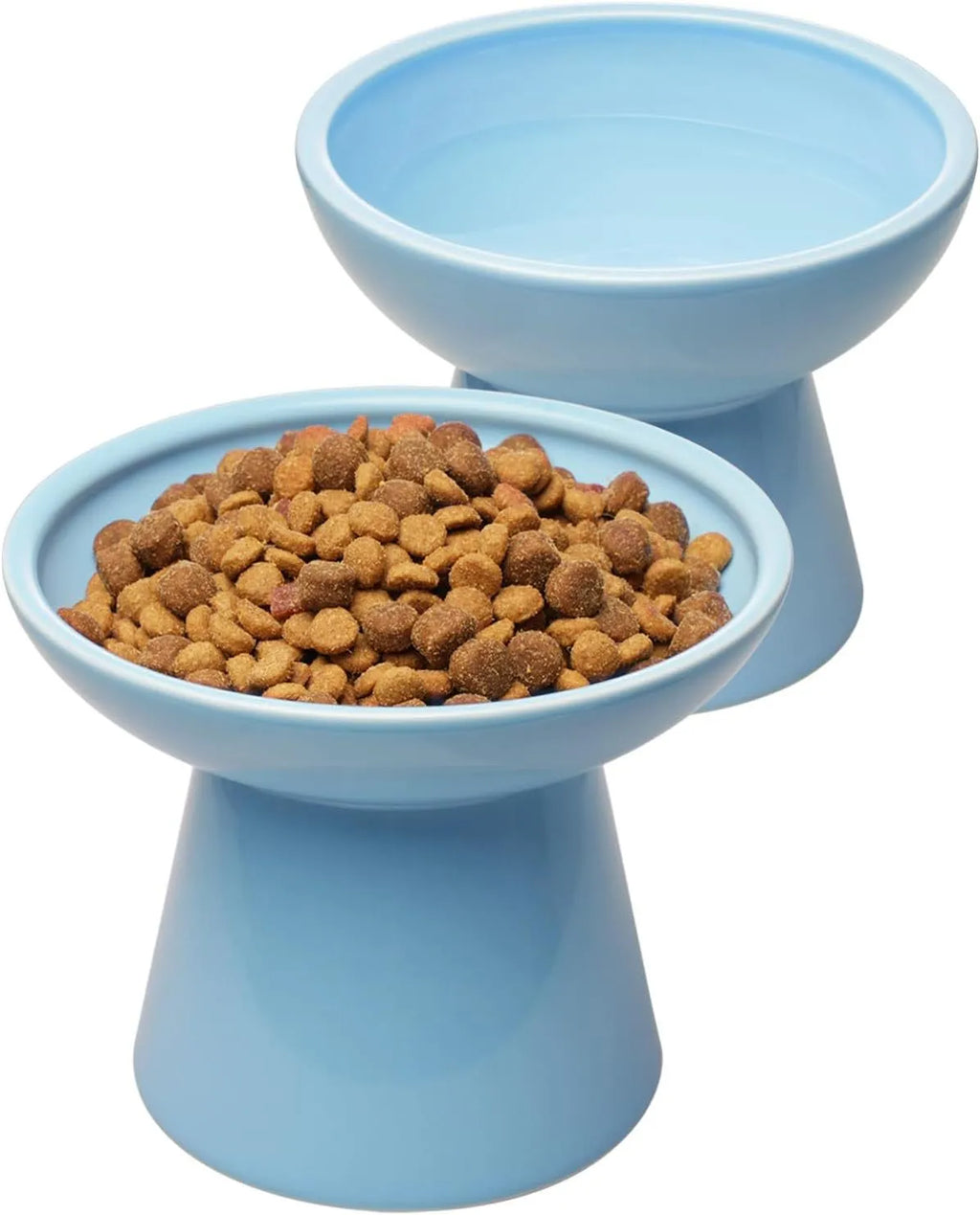 Ceramic elevated cat food and water bowls in blue, green, pink, and white colours