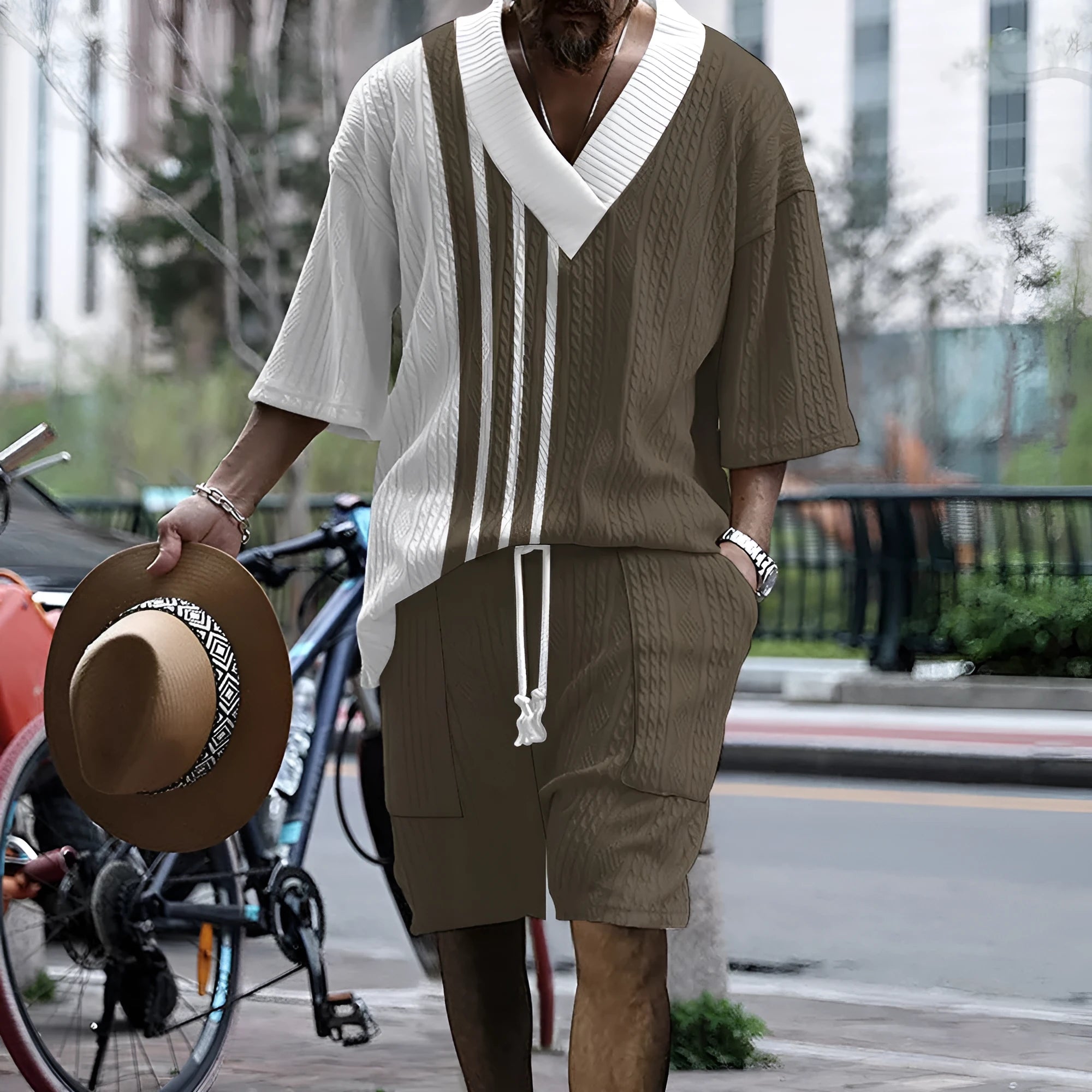 Men's printed drop-shoulder knitted short sleeve top and shorts suit set in chemical fibre blend