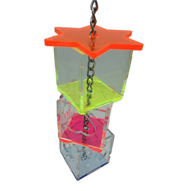 Clear acrylic parrot foraging toy, 32 cm long, for holding bird treats.