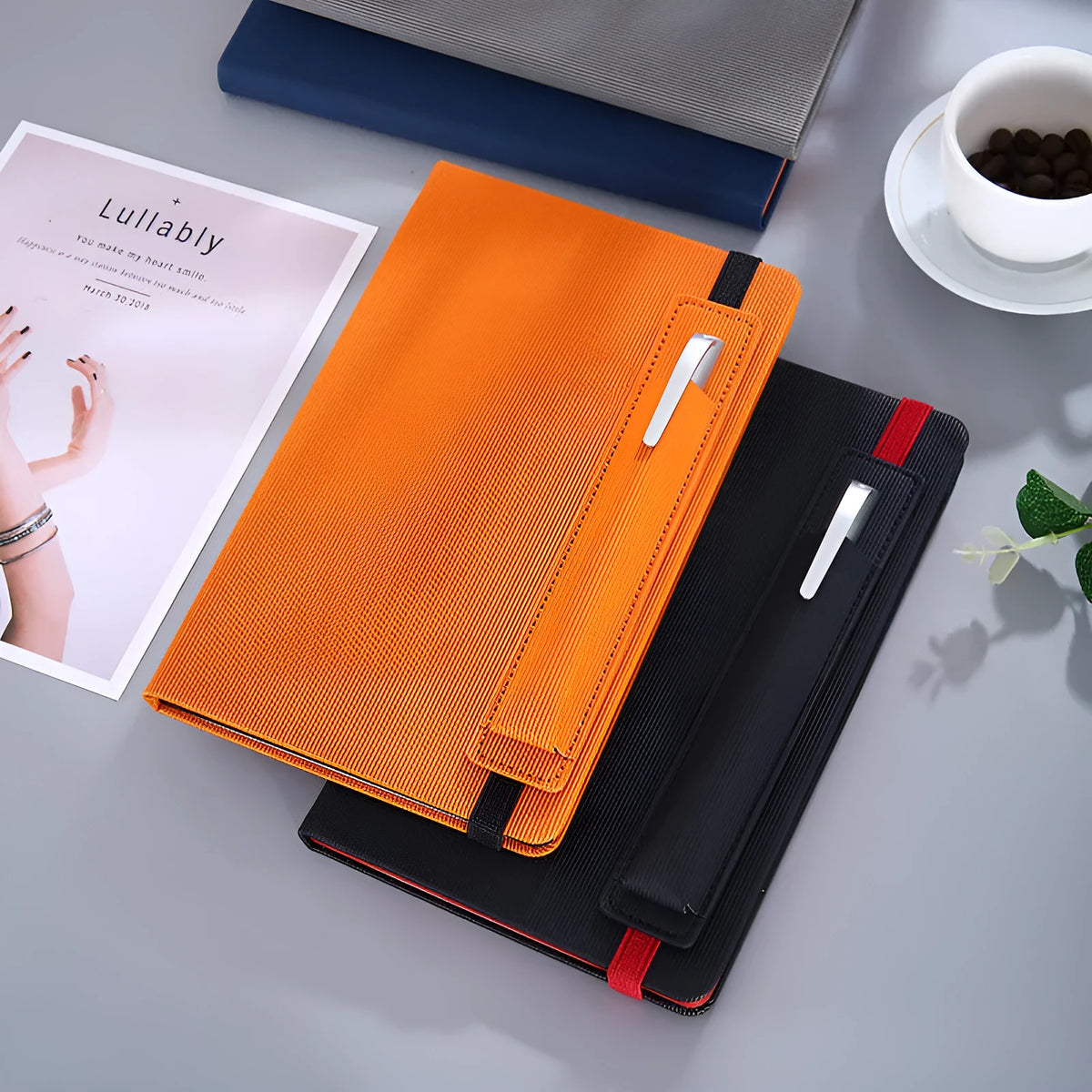 A5 faux leather notebook with pen insert and 200 sheets of 80gsm Dorian paper, shown in a choice of colours.