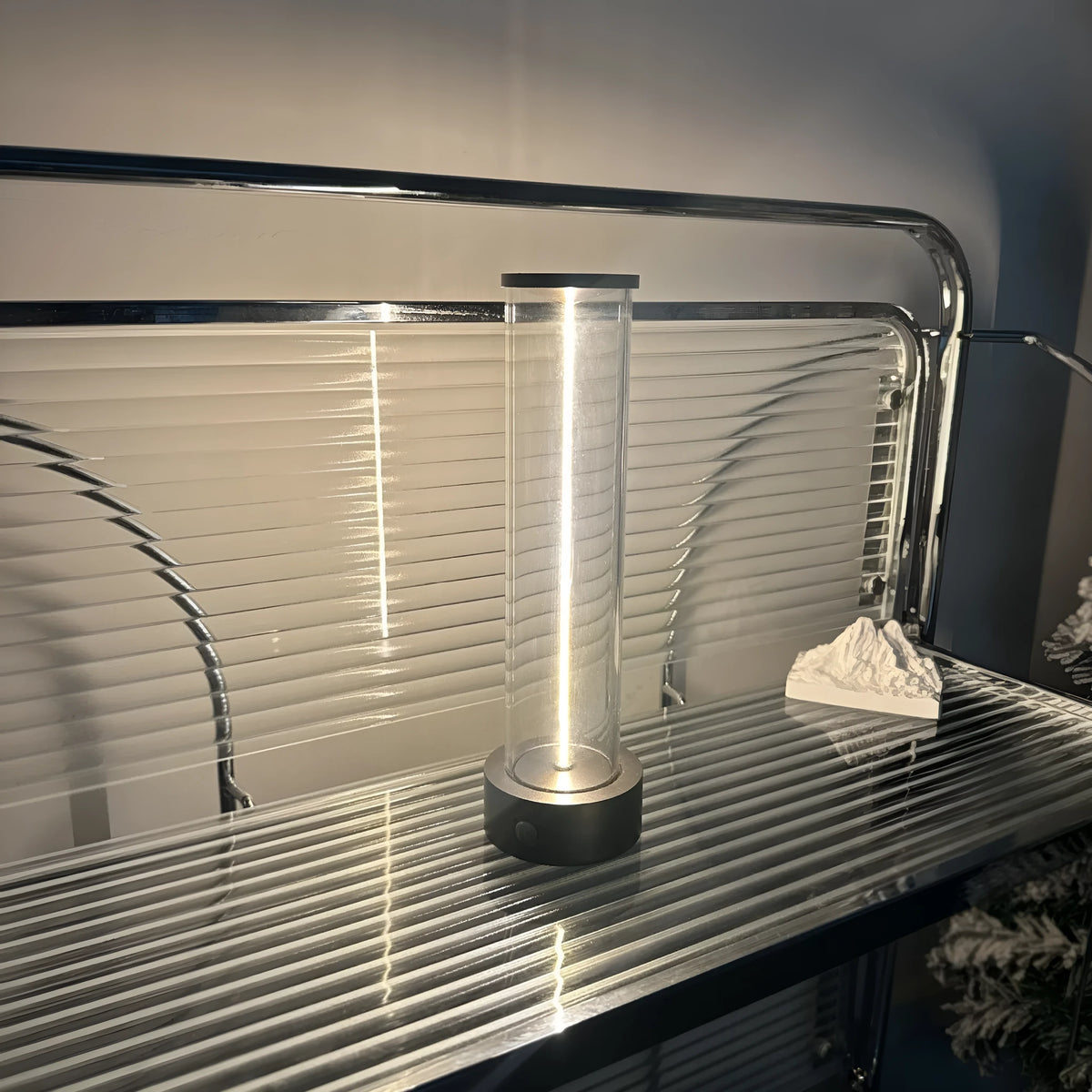 Slim clear glass LED light strip with magnetic base and USB charging cable