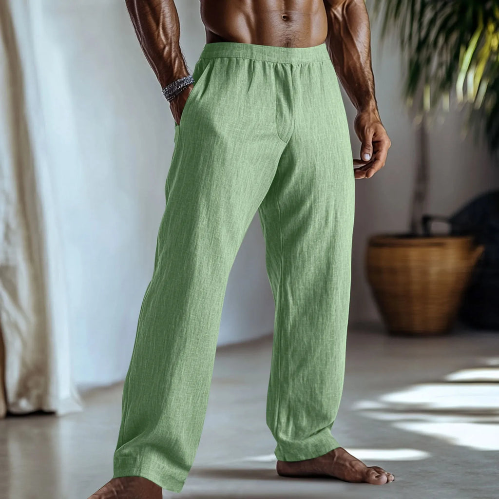 Cotton and linen straight leg casual trousers in light green with British styling and pocket details