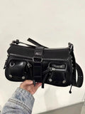 Black structured PU leather women's messenger bag with an adjustable shoulder strap.