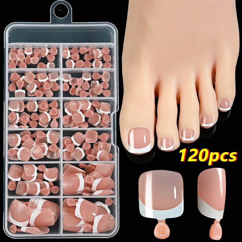 Box of 120 square short false nail pieces with French white edge design in nude colours