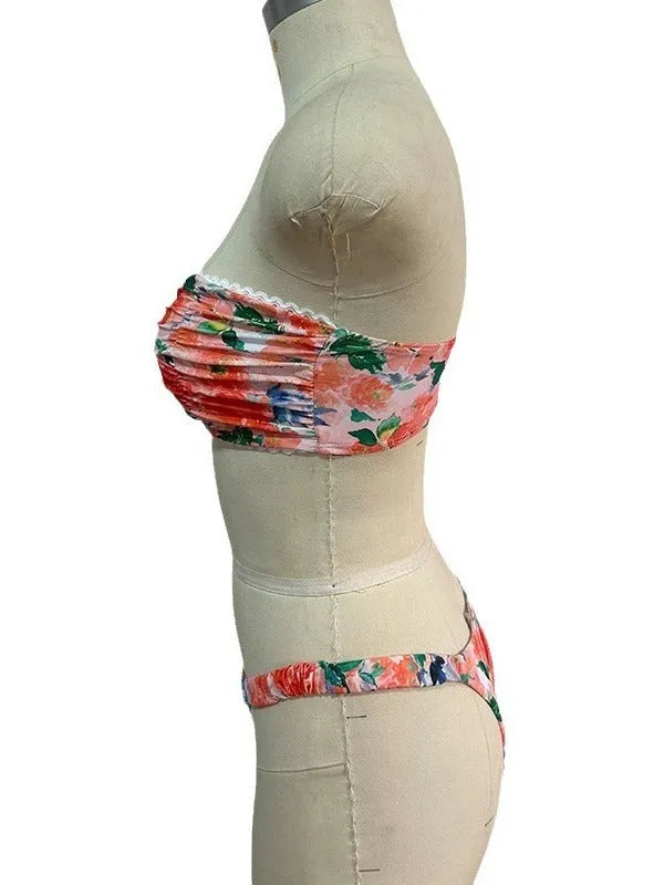 Women's floral print bikini set with lace tube top in blue, pink, yellow, or colourful options.