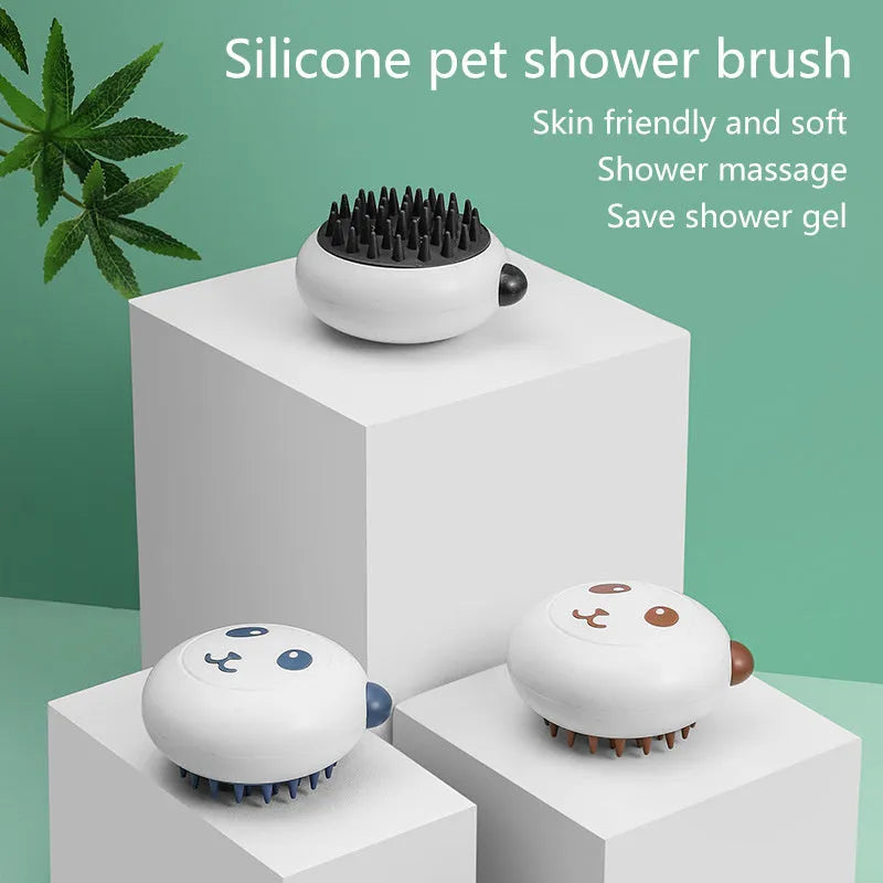 Panda-shaped silicone pet bath brush in black, blue, or khaki colour options