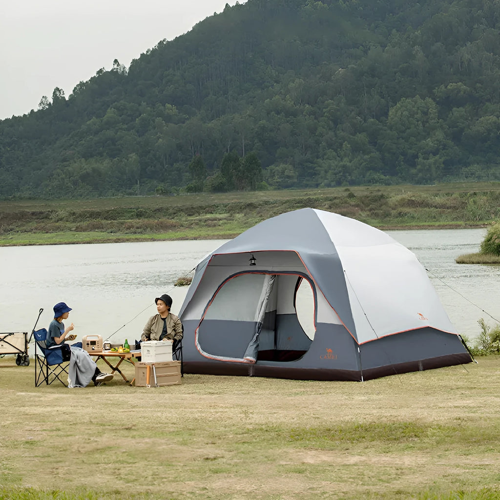 Titanium gray large camping tent for 5-8 people with quick-build glass poles and double layer