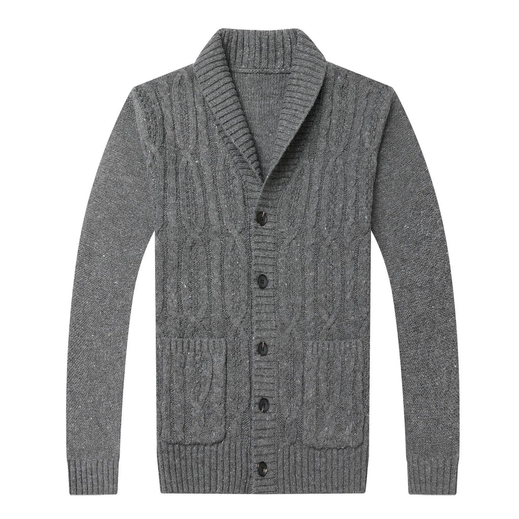 Man wearing a grey Korean-style jacquard patterned knitted cardigan jacket.