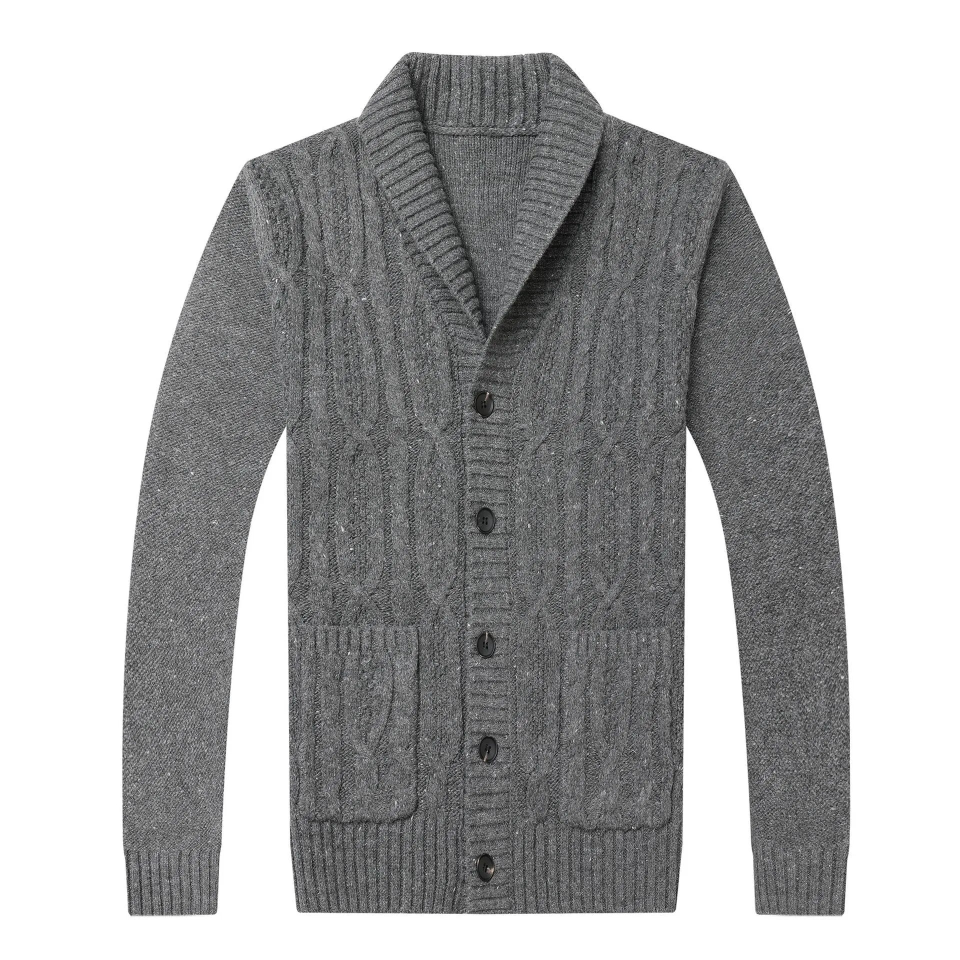 Man wearing a grey Korean-style jacquard patterned knitted cardigan jacket.