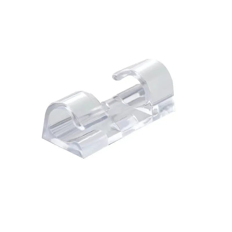 Transparent self-adhesive plastic cable clips in four different sizes for wire management.