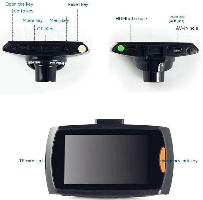 G30 HD car DVR dual camera recorder system with bracket, charger, and manual