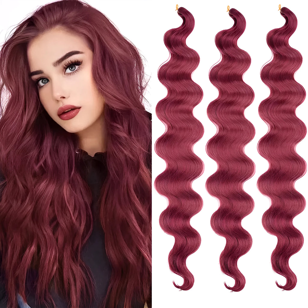 Wine red long synthetic wig with big waves, shown at 24 inches length.