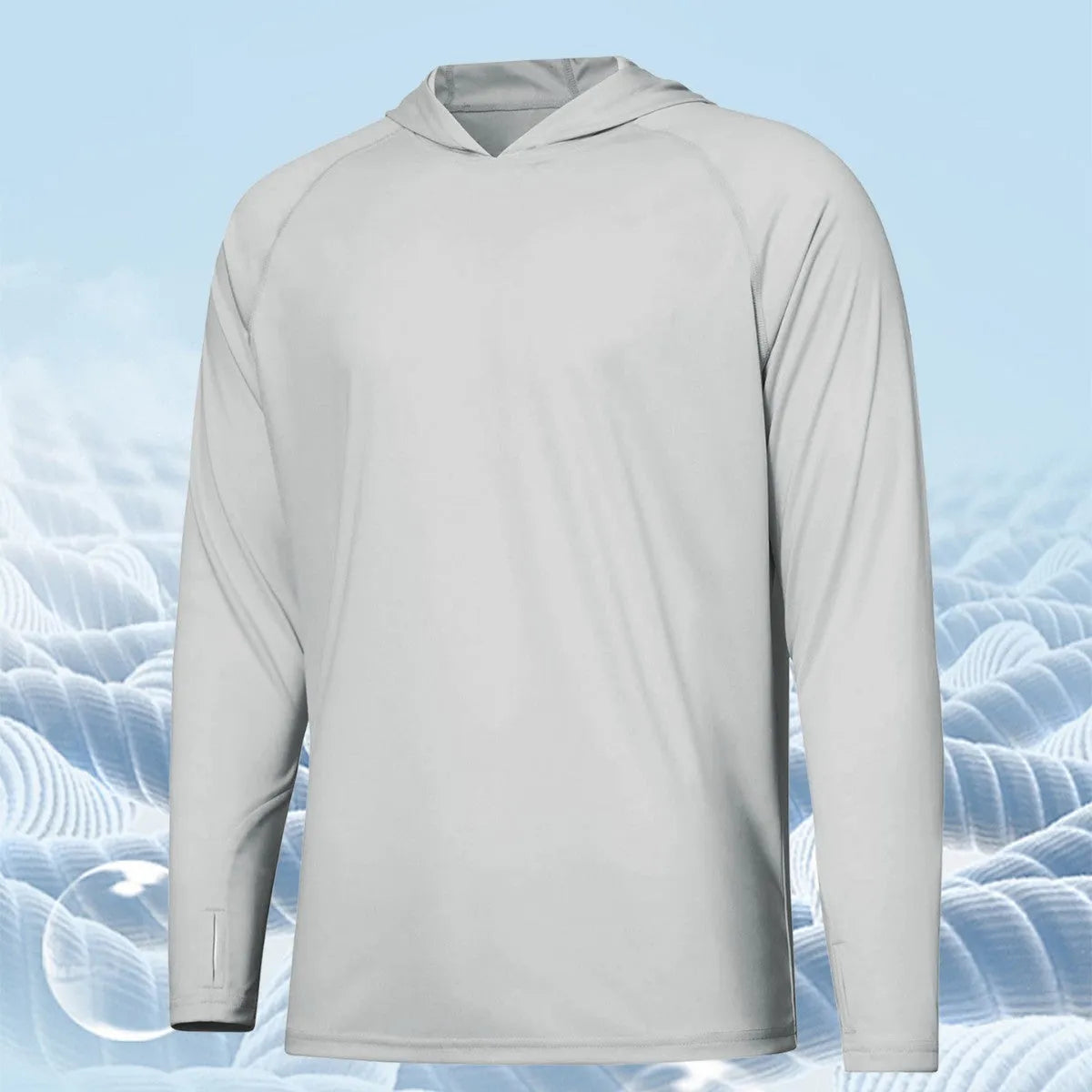 Men's long sleeve hooded top in polyester fabric for outdoor UV protection