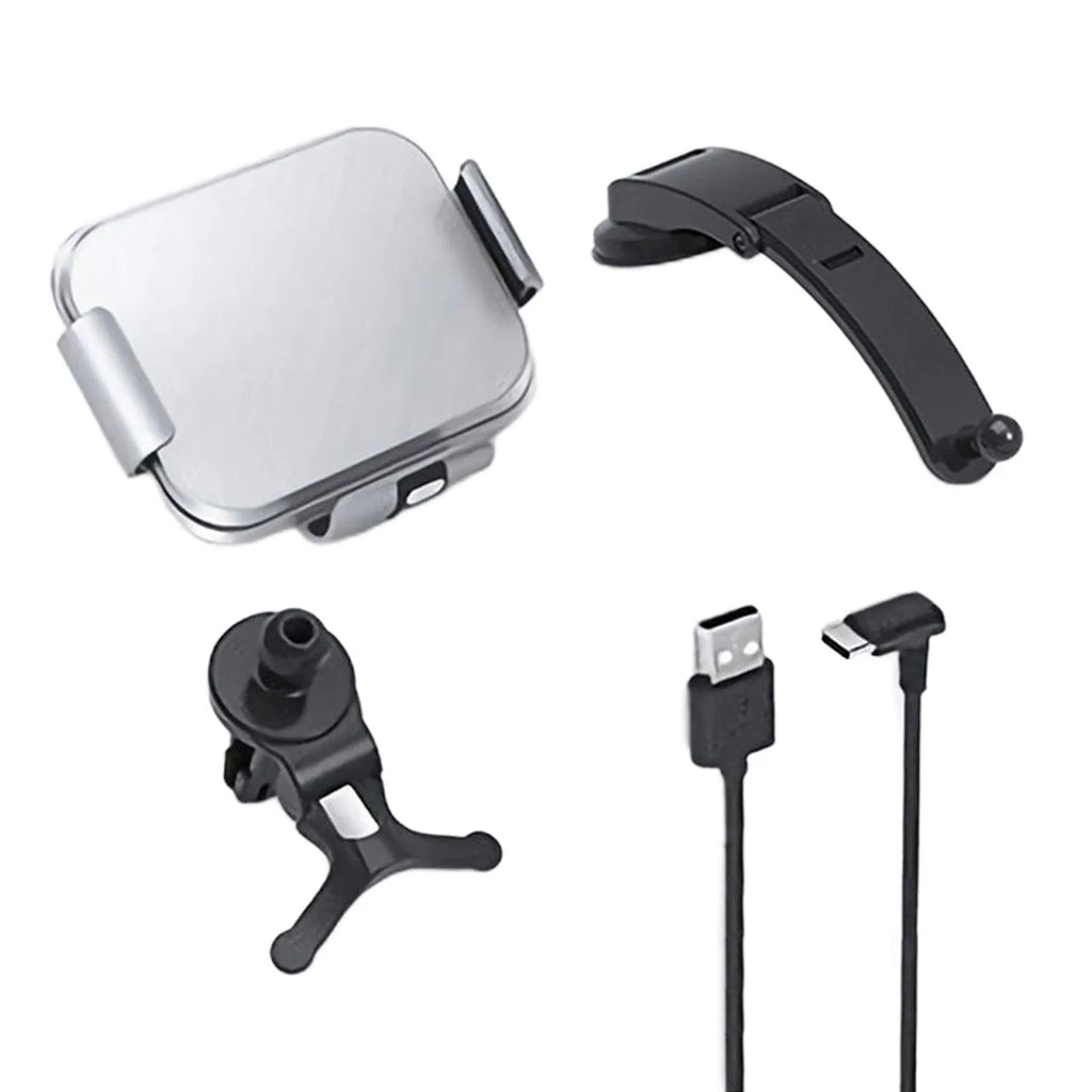 Grey wireless charging car phone holder with folding screen shown with air conditioner clip and suction cup mount accessories.