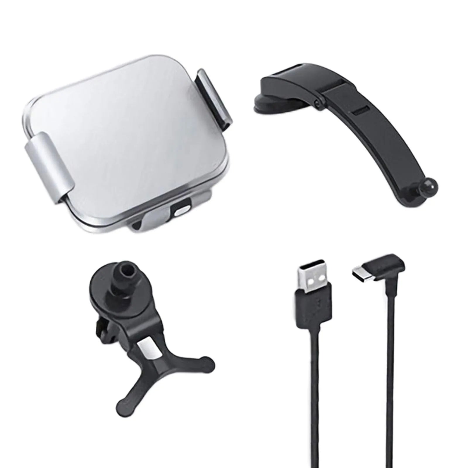 Grey wireless charging car phone holder with folding screen shown with air conditioner clip and suction cup mount accessories.