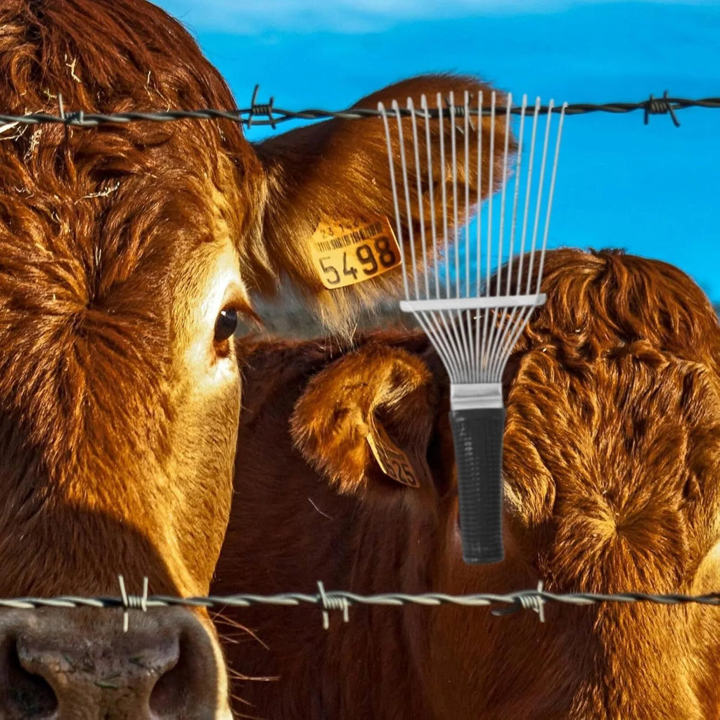 Stainless steel dematting brush rake comb for pet and livestock grooming.