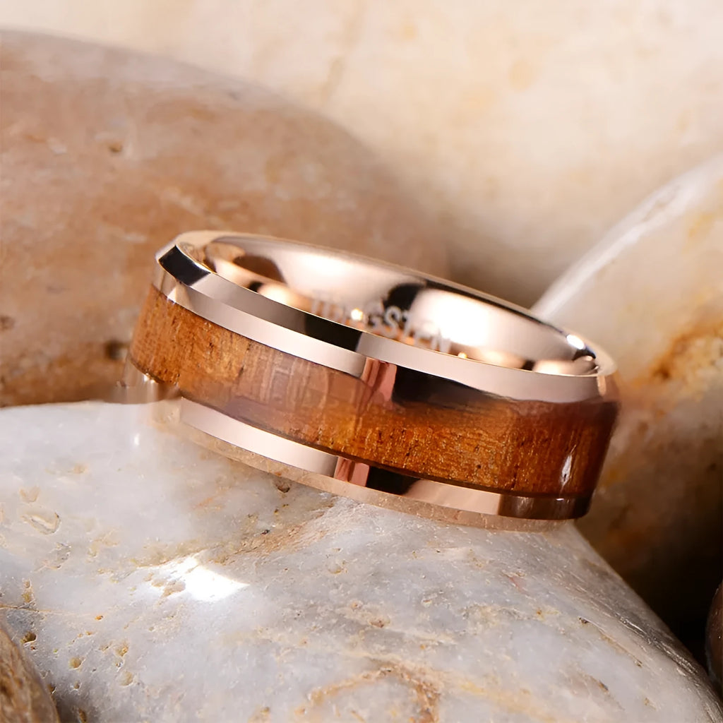 Men's tungsten ring with 8mm wide U-shaped band in wood leather Ugyen finish.