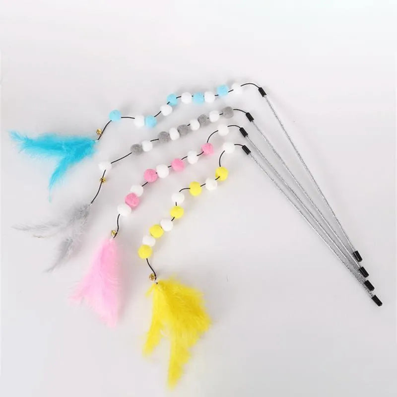 Colourful cat teaser stick with bell, feather, and acrylic pom-pom attachments on 31cm stick